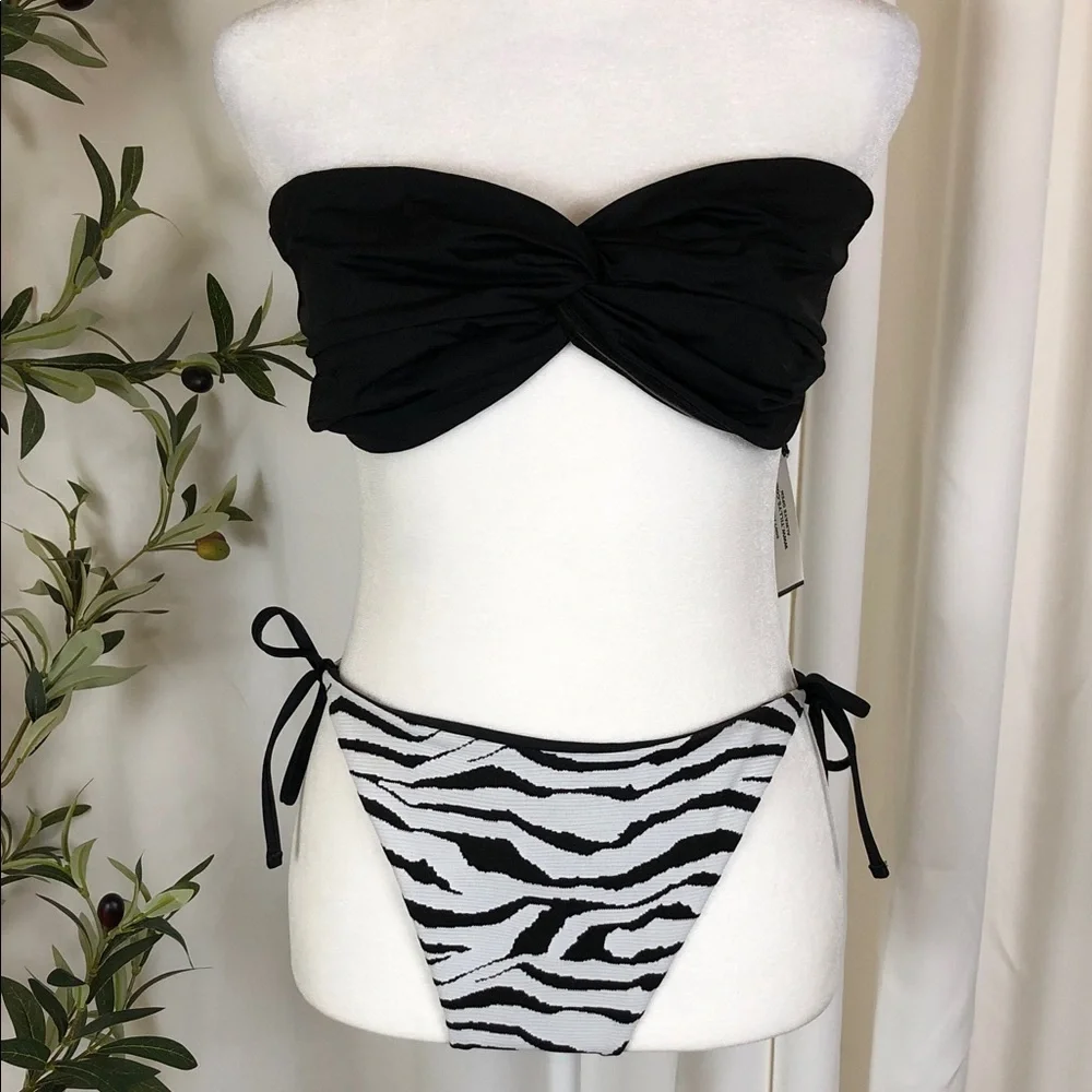 NWT Tilly's Swim Bikini Bandeau Twist Top with Zebra Tie-Side Bottoms Sz XL (S2)